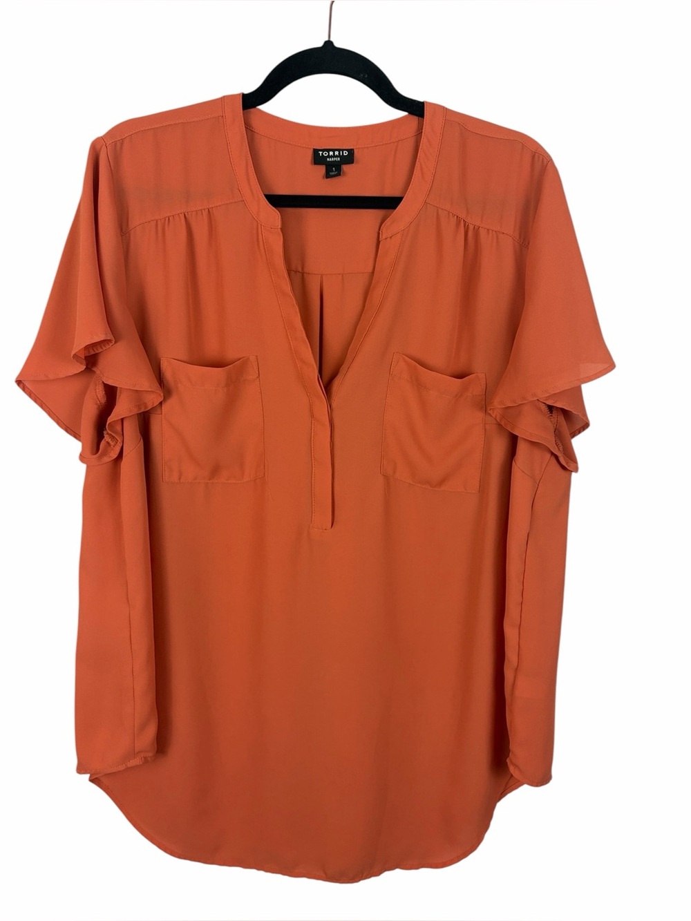 Torrid Harper Blouse Size 1 Orange Flutter Sleeve Pocket Tunic Top Plus Size